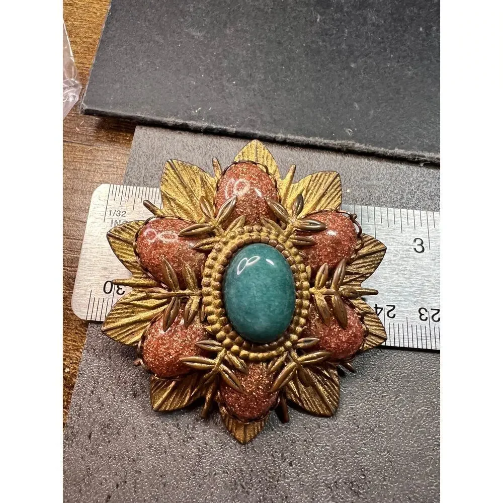 Vintage DeNicola Style Floral Brooch Gold Tone Faux Turquoise Glitter Cab